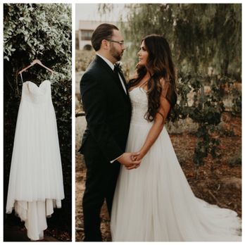 Wedding dress before and after — couple on their big day